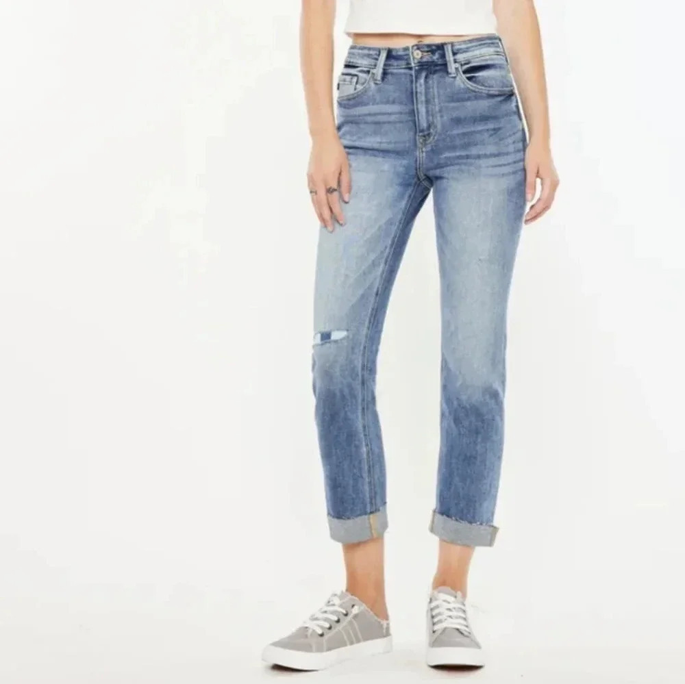 Kancan Women's Size 7/27 Kaly Highrise Slim St Leg Distressed Blue Stretchy Jean